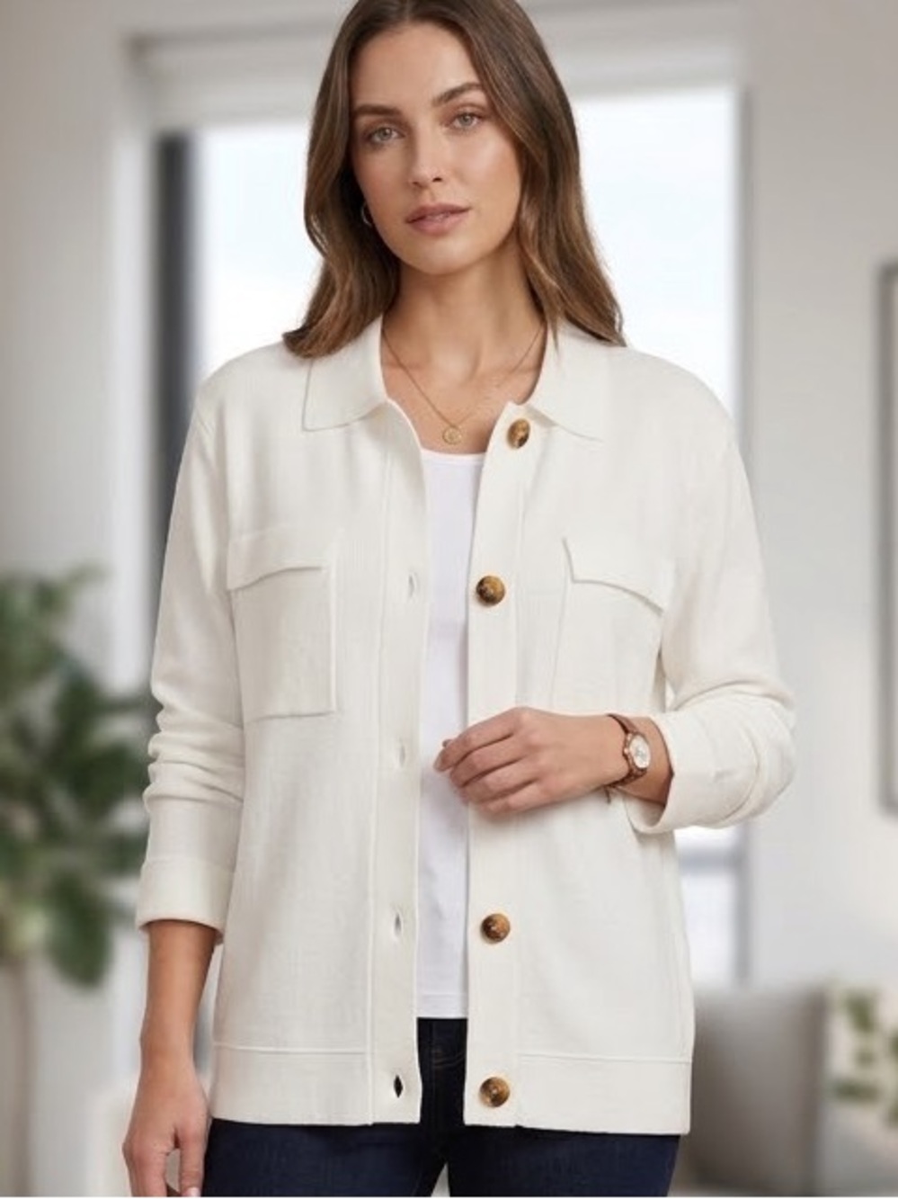 Women's Cream Button-Front Blazer Jacket with Patch Pockets